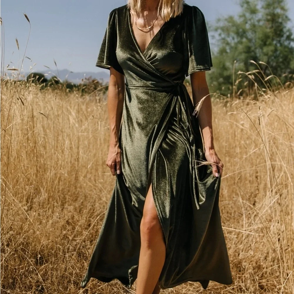 Baltic Born Green Wrap Gown with Flutter Sleeves - Picture 2 of 7